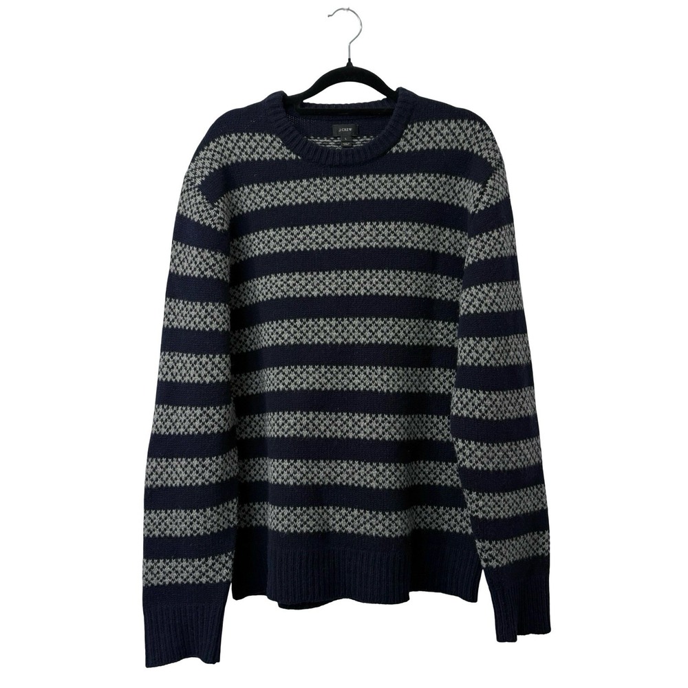 J Crew crewneck Blue Gray sweater lambswool Twist knit Striped Size Large